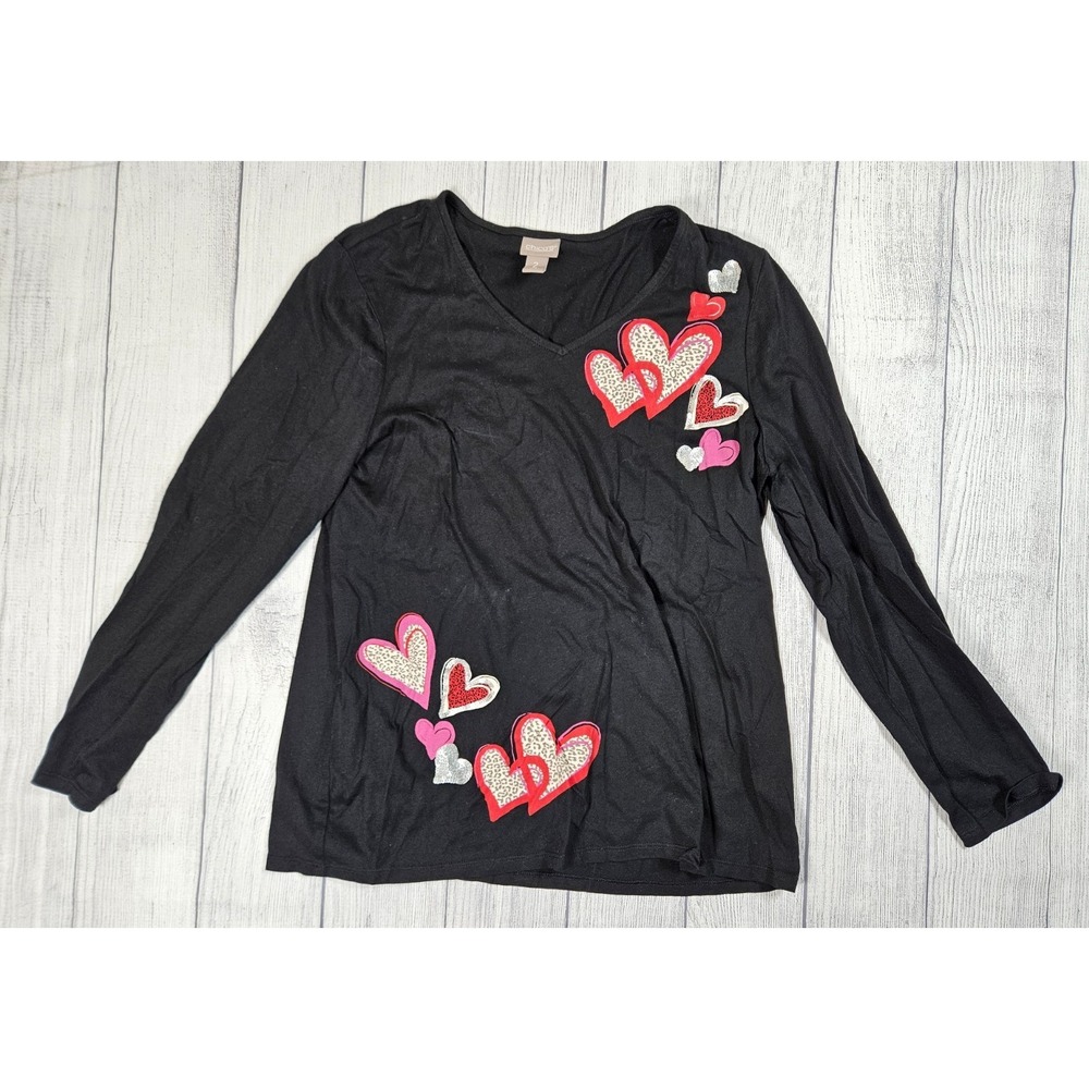 Chico's Top Women's Large Black Cotton Modal Heart Applique Long Sleeve V-Neck‎